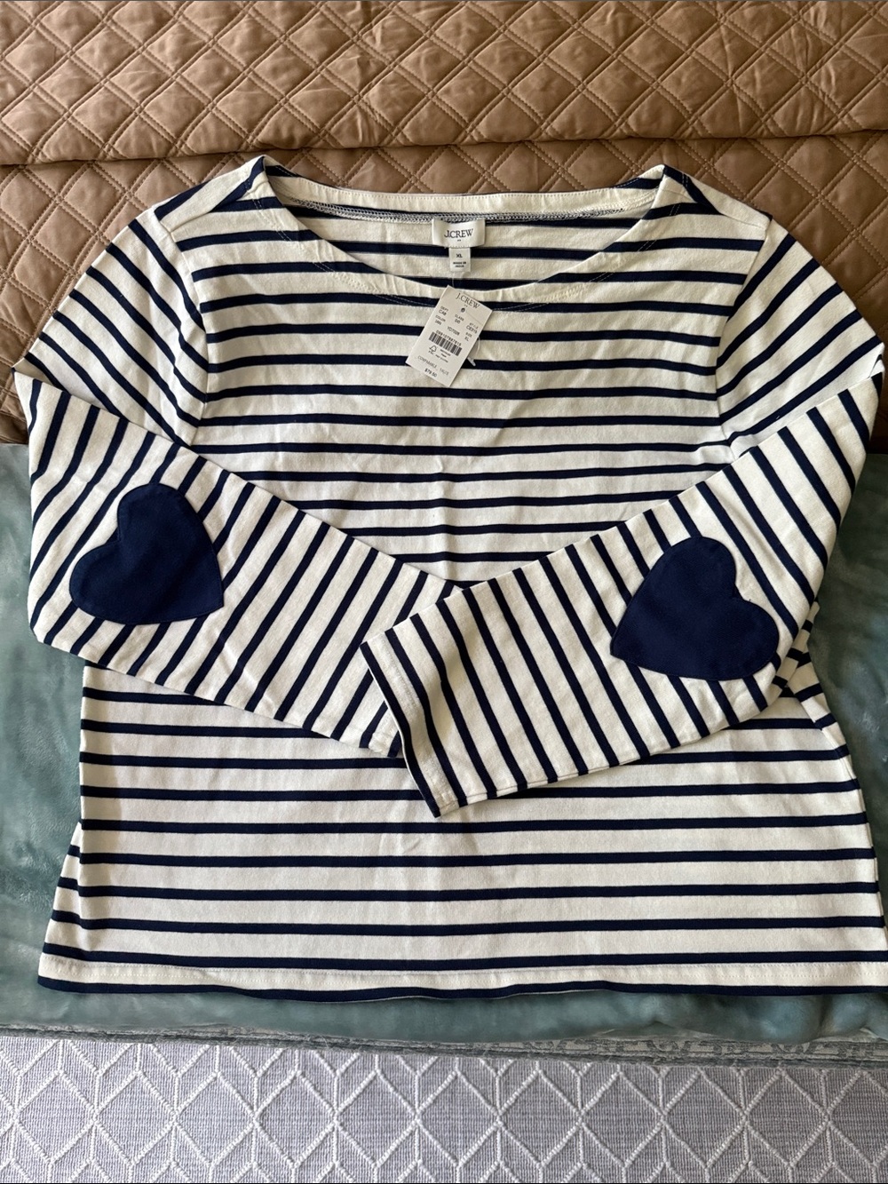 J. Crew Navy and White Striped Boatneck Top with Heart Elbow Patch - Picture 2 of 5